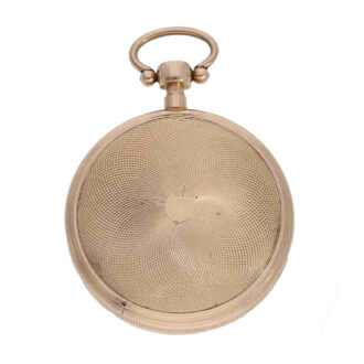 The open faced case is crafted from 18 Carat red gold, is engine turned on the back and has a coin edge The open faced case is crafted from 18 Carat red gold, is engine turned on the back and has a coin edge