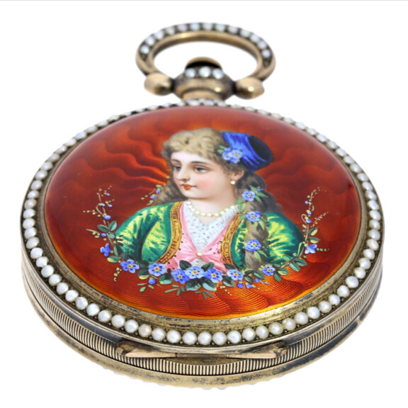 Swiss gilt silver duplex with orient pearls Circa 1860 Swiss gilt silver duplex with orient pearls Circa 1860