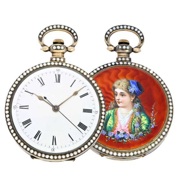 Swiss gilt silver duplex with orient pearls Circa 1860 Swiss gilt silver duplex with orient pearls Circa 1860