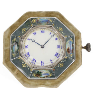 Swiss ‘Art Nouveau’ travel clock with fine enamel painting Circa 1910