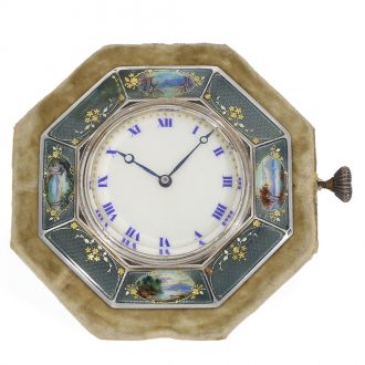 Swiss ‘Art Nouveau’ travel clock with fine enamel painting Circa 1910
