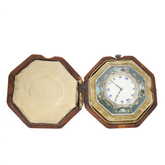 Swiss ‘Art Nouveau’ travel clock with fine enamel painting Circa 1910 Swiss ‘Art Nouveau’ travel clock with fine enamel painting Circa 1910