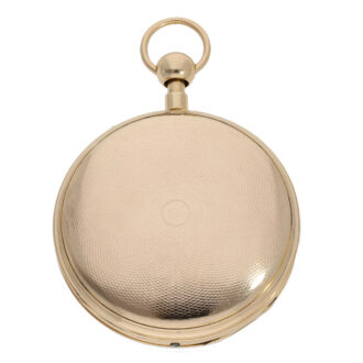The open faced case of the watch is crafted from 18 Carat gold and features exquisite engine turned decoration on the back