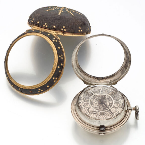 Fine English silver watch with protective outer case Circa 1740 Fine English silver watch with protective outer case Circa 1740