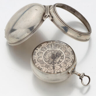 Fine English silver watch with protective outer case Circa 1740