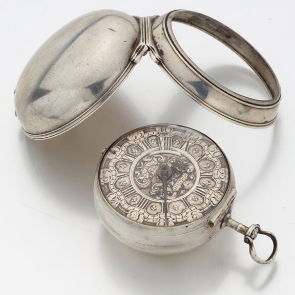 Fine English silver watch with protective outer case Circa 1740 Fine English silver watch with protective outer case Circa 1740