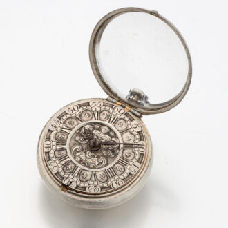 Fine English silver watch with protective outer case Circa 1740