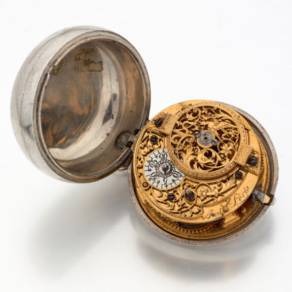 Fine English silver watch with protective outer case Circa 1740 Fine English silver watch with protective outer case Circa 1740