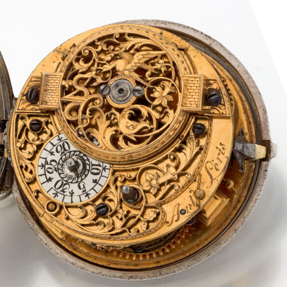 Fine English silver watch with protective outer case Circa 1740 Fine English silver watch with protective outer case Circa 1740