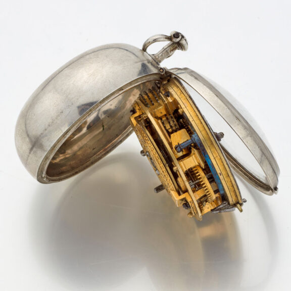 Fine English silver watch with protective outer case Circa 1740 Fine English silver watch with protective outer case Circa 1740