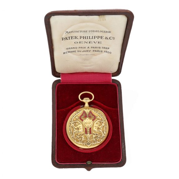 Swiss 18 carat gold and enamel high relief watch in original box Circa 1907 Swiss 18 carat gold and enamel high relief watch in original box Circa 1907
