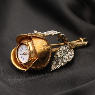 French gold rose knob form cylinder brooch watch Circa 1890 French gold rose knob form cylinder brooch watch Circa 1890