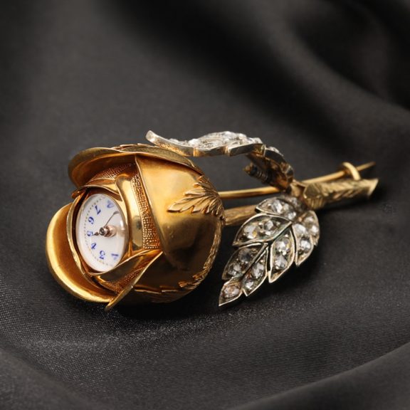 French gold rose knob form cylinder brooch watch Circa 1890 French gold rose knob form cylinder brooch watch Circa 1890