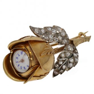 French gold rose knob form cylinder brooch watch Circa 1890 French gold rose knob form cylinder brooch watch Circa 1890