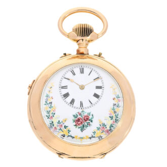 Swiss gold musical cylinder with floral painting Circa 1900