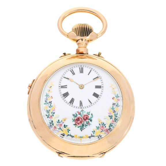 Swiss gold musical cylinder with floral painting Circa 1900