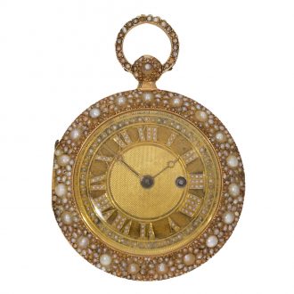 Swiss 18K gold cylinder pocket watch with pearl setting Circa 1800