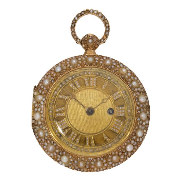 Swiss 18K gold cylinder pocket watch with pearl setting Circa 1800