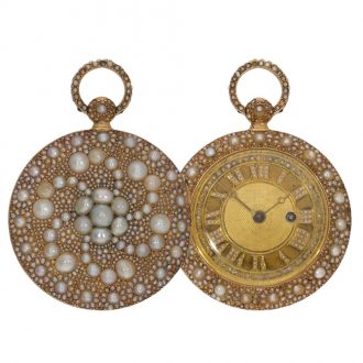 Swiss 18K gold cylinder pocket watch with pearl setting Circa 1800