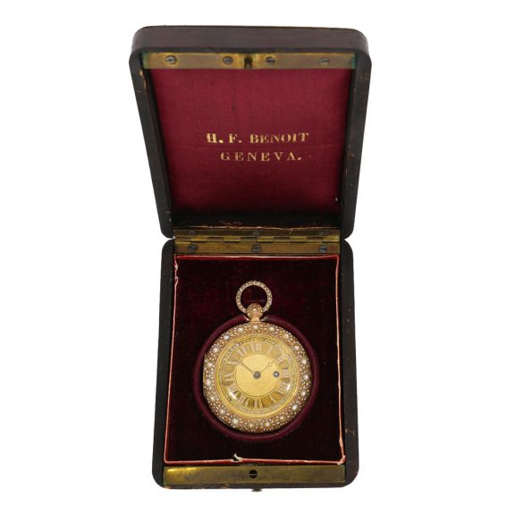 Swiss 18K gold cylinder pocket watch with pearl setting Circa 1800 Swiss 18K gold cylinder pocket watch with pearl setting Circa 1800