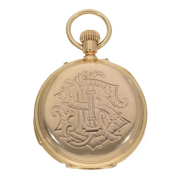 Swiss 18 carat gold pocket watch with unusual double complication Circa 1879 Swiss 18 carat gold pocket watch with unusual double complication Circa 1879