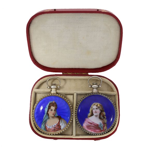 Swiss silver gilt pair of enamelled watches for Chinese market Circa 1880 Swiss silver gilt pair of enamelled watches for Chinese market Circa 1880