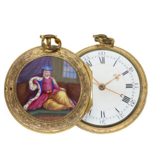 English gilt pair cased coach clock with enamel painting Circa 1780