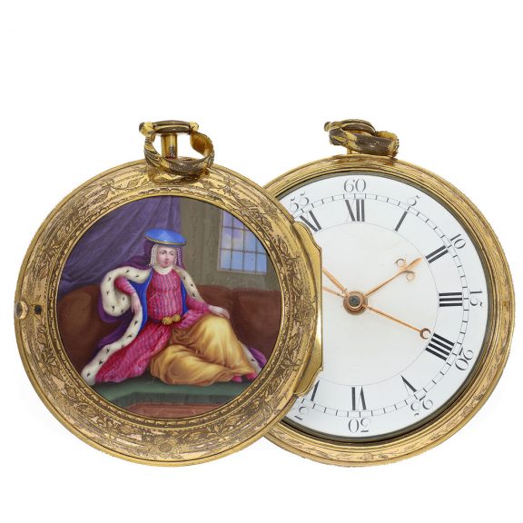 English gilt pair cased coach clock with enamel painting Circa 1780