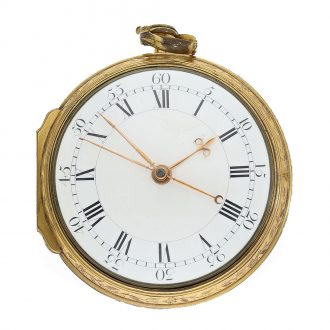 English gilt pair cased coach clock with enamel painting Circa 1780
