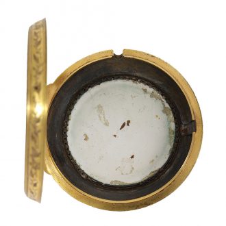 English gilt pair cased coach clock with enamel painting Circa 1780 English gilt pair cased coach clock with enamel painting Circa 1780