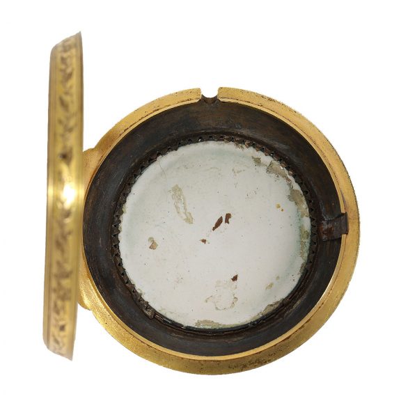 English gilt pair cased coach clock with enamel painting Circa 1780 English gilt pair cased coach clock with enamel painting Circa 1780