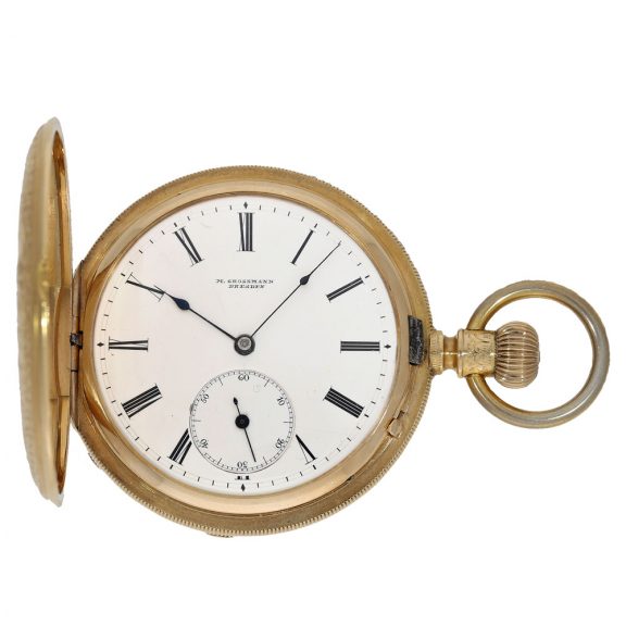 German 18 carat gold watch with richly engraved ceremonial case Circa 1870