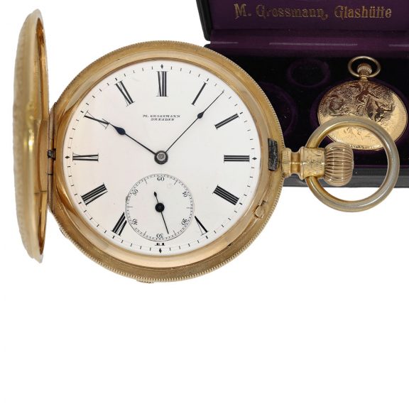 German 18 carat gold watch with richly engraved ceremonial case Circa 1870 German 18 carat gold watch with richly engraved ceremonial case Circa 1870
