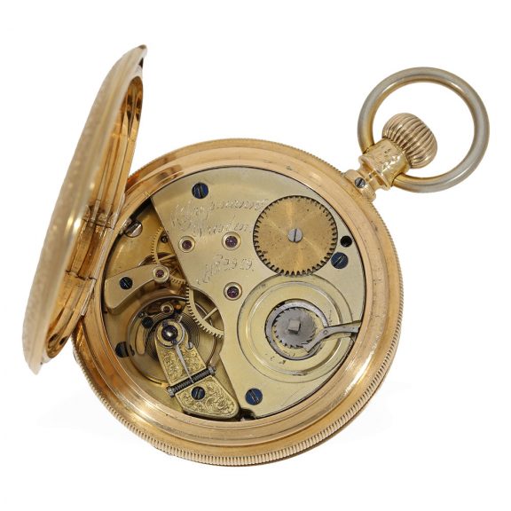German 18 carat gold watch with richly engraved ceremonial case Circa 1870 German 18 carat gold watch with richly engraved ceremonial case Circa 1870