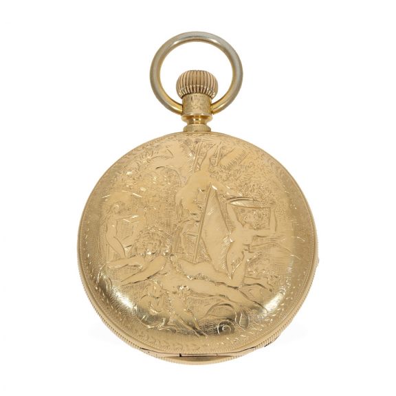 German 18 carat gold watch with richly engraved ceremonial case Circa 1870 German 18 carat gold watch with richly engraved ceremonial case Circa 1870