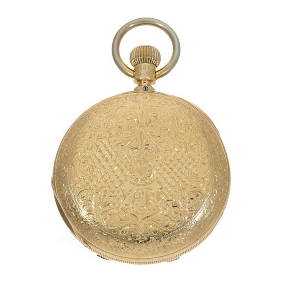 German 18 carat gold watch with richly engraved ceremonial case Circa 1870 German 18 carat gold watch with richly engraved ceremonial case Circa 1870