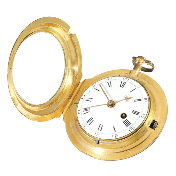 English fire gilt carriage clock with skeletonized movement Circa 1780 English fire gilt carriage clock with skeletonized movement Circa 1780