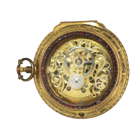 English fire gilt carriage clock with skeletonized movement Circa 1780 English fire gilt carriage clock with skeletonized movement Circa 1780
