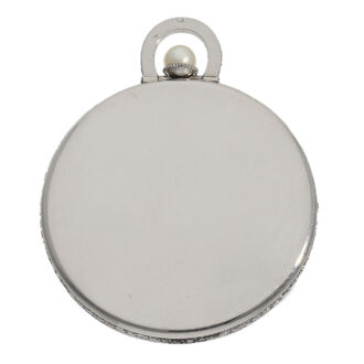 Crafted from platinum, the open faced case is hallmarked twice with the French Platinum hallmark (dog's head) and the rim and bracket are adorned with diamonds