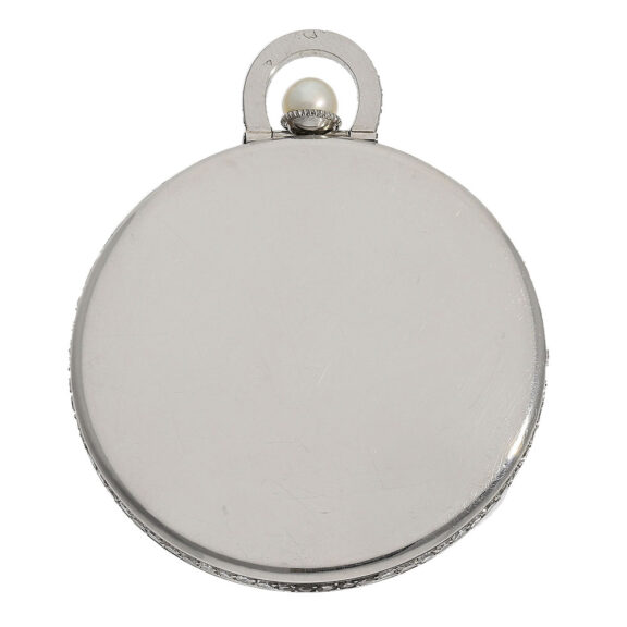 Crafted from platinum, the open faced case is hallmarked twice with the French Platinum hallmark (dog's head) and the rim and bracket are adorned with diamonds Crafted from platinum, the open faced case is hallmarked twice with the French Platinum hallmark (dog's head) and the rim and bracket are adorned with diamonds