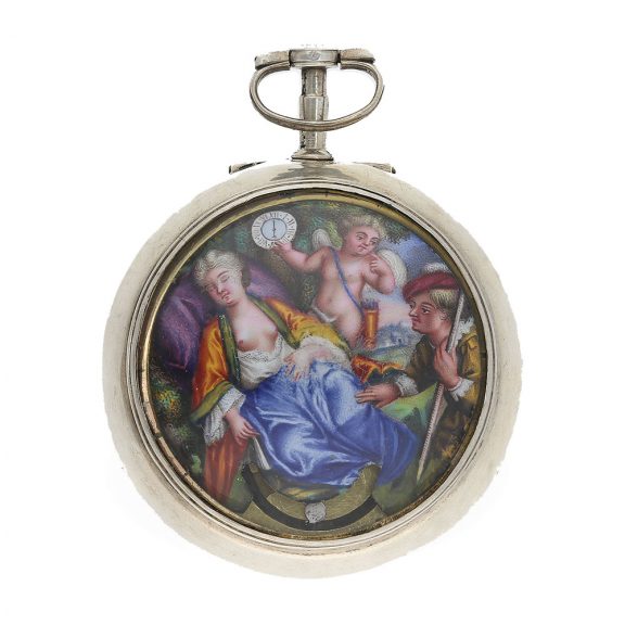 English silver verge watch with mock pendulum and painting Circa 1710 English silver verge watch with mock pendulum and painting Circa 1710