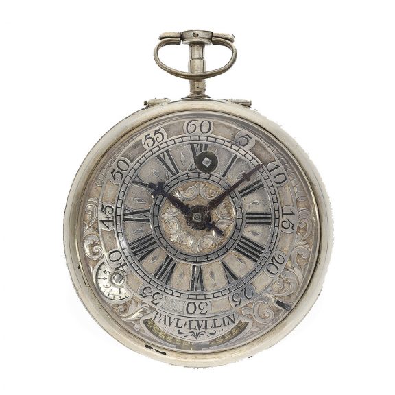 English silver verge watch with mock pendulum and painting Circa 1710