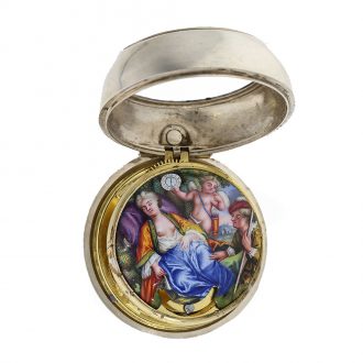 English silver verge watch with mock pendulum and painting Circa 1710