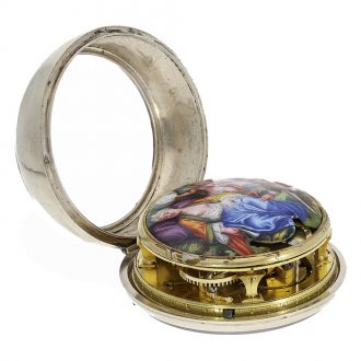 English silver verge watch with mock pendulum and painting Circa 1710