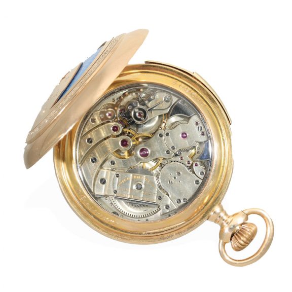 Swiss 18 carat gold and enamel watch with seven complications Circa 1922 Swiss 18 carat gold and enamel watch with seven complications Circa 1922