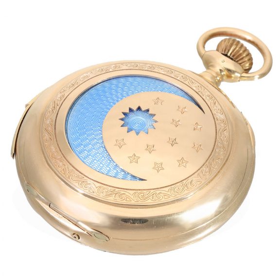 Swiss 18 carat gold and enamel watch with seven complications Circa 1922 Swiss 18 carat gold and enamel watch with seven complications Circa 1922
