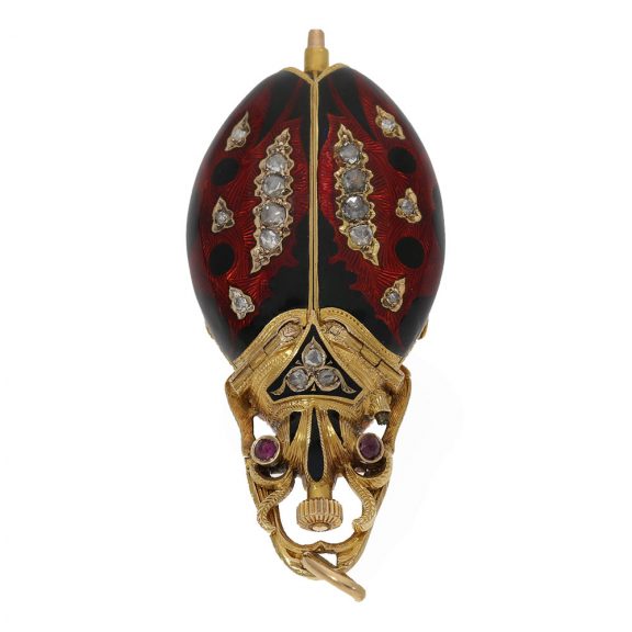 Swiss 18K gold scarab form cylinder pendant watch Circa 1870 Swiss 18K gold scarab form cylinder pendant watch Circa 1870