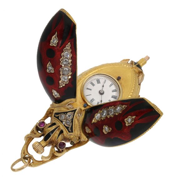 Swiss 18K gold scarab form cylinder pendant watch Circa 1870 Swiss 18K gold scarab form cylinder pendant watch Circa 1870
