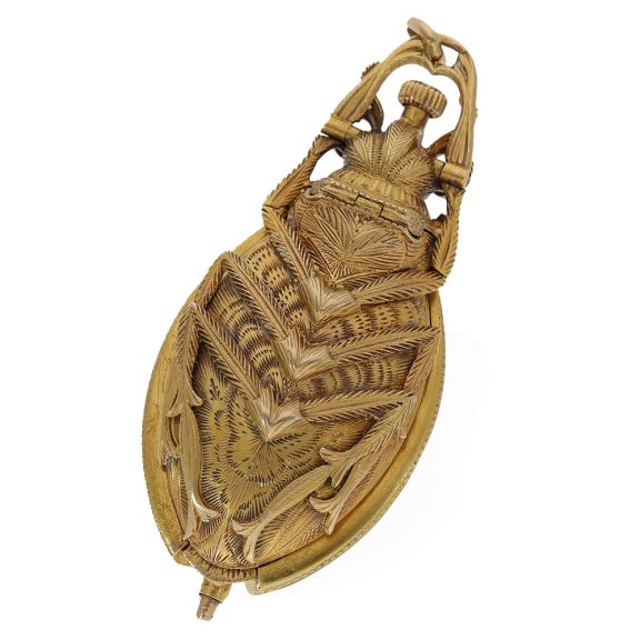 Swiss 18K gold scarab form cylinder pendant watch Circa 1870 Swiss 18K gold scarab form cylinder pendant watch Circa 1870