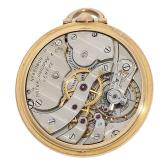 The movement of this Patek Philippe & Co watch has Geneva striping, a hallmark of quality and precision in watchmaking